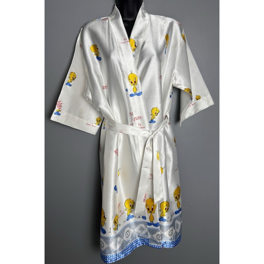 Vintage 90s Kaien Looney Tunes Tweety Bird White Satin Robe With Tie Large